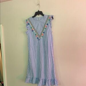 Striped Blue Dress with Colorful Tassels